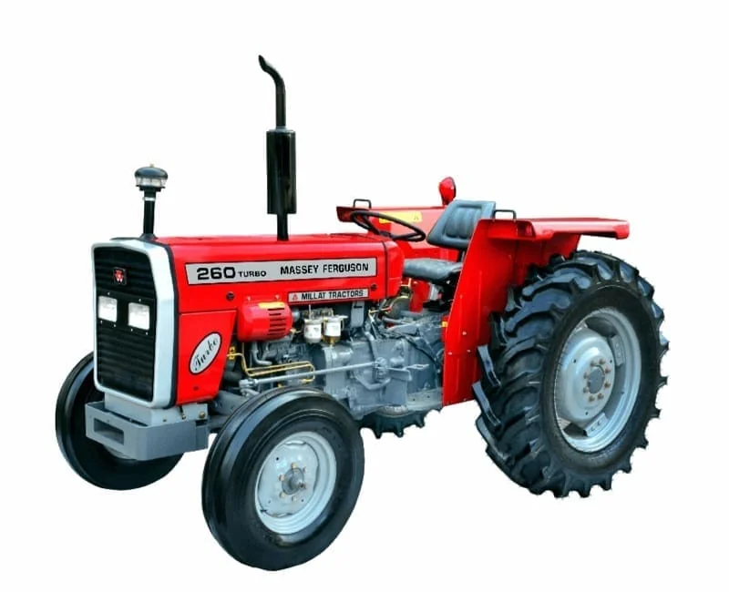 Red Massey Ferguson260 tractor shown in a side and front reference view on white