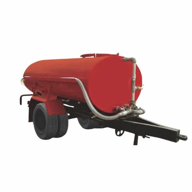 Red towable water bowser with a hose and drawbar on a white background